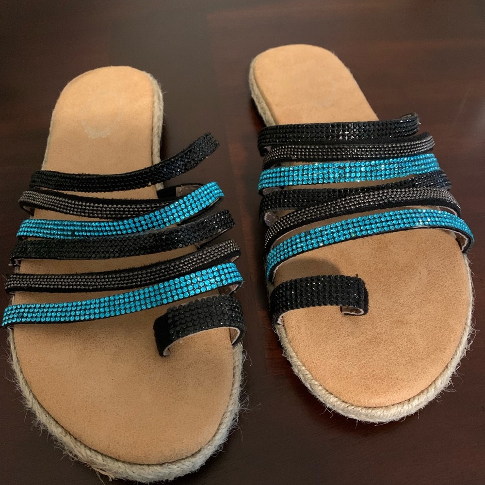 Italina by Summer Rio Flat Sandals with Aqua and Brown Bling, Size 8